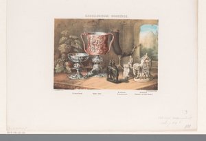Karolínské poháry, roh na pití a figurky karolínské starožitnosti“; Poháry, rohy na pití a šachové figurky (název na předmětu) od David van der Kellen