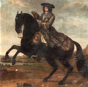 Jezdecký portrét Karla XI. ze Švédska (1655-1697) (Portrét Karla XI. Švédského) - Olej na plátně (250x255 cm) od Davida von Kraffta (1655-1724)