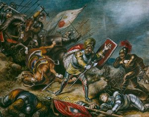 Na obraze je vyobrazen pěší boj Richarda III. na Bosworthském poli. Umělecké dílo.