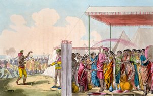 Hraní na Hohlee, z „Kostým, postava, způsoby, domácí zvyky a náboženské obřady Mahrattů“ od T. D. Broughton, lept od Baxtera, 1813 od Deen Alee