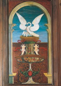 Fontána namalovaná Defendente Ferrari (1480 nebo 1485-1540), na zadní části chóru z 16. století, kostel svatého Jeronýma, Biella. Itálie