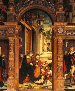 Narození Páně, detail z oltářního obrazu ze 16. století, od Defendente Ferrariho (1480 nebo 1485-1540), opatství svatého Antonína z Ranverso, Buttigliera Alta, Itálie
