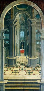 Perspektiva namalovaná Defendente Ferrari (1480 nebo 1485-1540), na zadní části chóru z 16. století, kostel svatého Jeronýma, Biella. Itálie