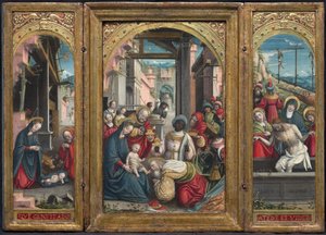 Triptych s Narozením uprostřed, vpravo Klanění tří králů, vlevo Uložení Krista do hrobu, 1523