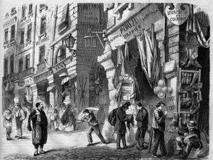 Paříž, pohled na kryté galerie v přízemí domů v rue de la Tonnelerie, nazývané také sloupy Halles, rytina podle kresby Delannoye, v „L
