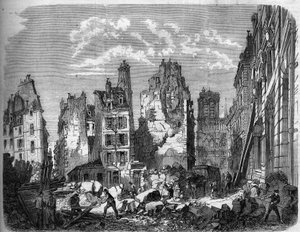 Proměny Paříže za Druhého císařství, Haussmann Paris. Zničení části Ile de la Cité pro rozšíření hotelu Dieu, rytina po r.
