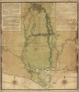 Konkrétní mapa části Louisiany, kde byly řeky zaznamenány mrtvou kalkulací a silnice podle země prozkoumané a měřené po krocích, Srs. Broutin, de Vergés, inženýři a návrhář Saucier od Demarigny