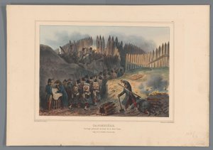 Skupinový voják trektové dveře a otevření v de palisade, 1832 Kaponiéra, palisádové dílo před půlměsícem (název na objektu) Kresby ze života v obležení Citadely v Antverpách od Raffeta (název série na objektu) od Denis Auguste Marie Raffet