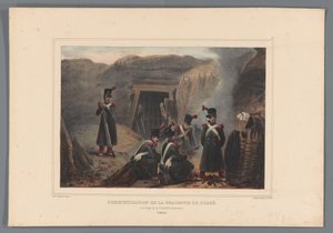 Vojenský bij een mijngang, 1832 Komunikace sestupu z příkopu (titul na objektu) Kresby vytvořené z přírody při obléhání Citadely v Antverpách od Raffeta (název série na objektu) od Denis Auguste Marie Raffet