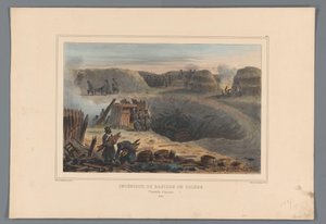 Bastion Militairten binnen een, 1832 Interiér bašty Toledo (název na objektu) Kresby ze života v obležení Citadely v Antverpách od Raffeta (název série na objektu) od Denis Auguste Marie Raffet