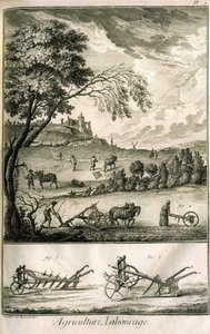 Terénní práce - Zemědělství, setí, orba. Různé modelové role a pluhy: Deska svazku ilustrací z encyklopedie Diderot, původní vydání 1762