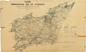 Mapa provincie A Coruña se státními a provinčními silnicemi a dotovanými sousedskými silnicemi. Publikováno se souhlasem Jeho Excelence. zemská komise od Deputación da Coruña