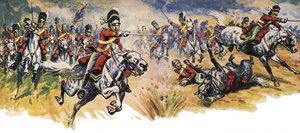 "Do nich, šediváci!" Útok brigády Unie (kavalerie) v bitvě u Waterloo (barevná litografie)