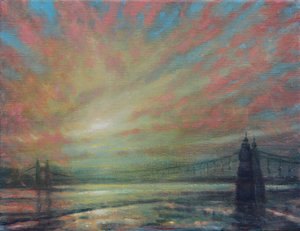 Západ slunce na Hammersmith Bridge, 2022 (olej na plátně) od Derek Hare