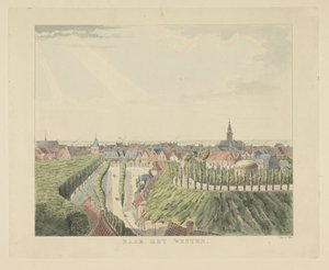 Nijmegen, pohled z Belvédère směrem na západ Na západ (název na objektu) Památky v okolí města Nijmegen (název série) Gelderschovo panorama nebo kulatý pohled na život nakreslený na belvederu v Nymegenu (název série)