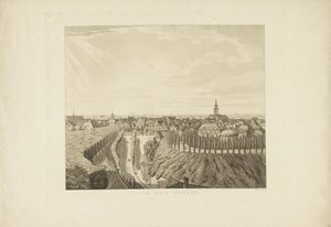 Nijmegen, pohled z Belvédère směrem na západ Na západ (název na objektu) Památky v okolí města Nijmegen (název série) Gelderschovo panorama nebo kulatý pohled na život nakreslený na belvederu v Nymegenu (název série)