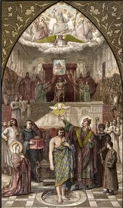 Svatý Remigius křtí Chlodvíka v Remeši - Křest krále franků Clovise I. (466-511) v Remeši od Eveque Saint Remi dne 25. 12. 496 (nebo 499) - rytina podle obrazu Desire Francois Laugee od Desire Francois Laugee
