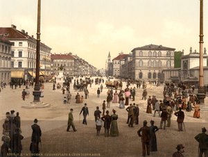 Pouliční scéna, Odensplatz a Ludwigstrasse, Mnichov, Bavorsko, Německo, kolem roku 1900 od Detroit Publishing Co.