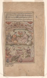 Hinduističtí a muslimští učenci Přeložte Mahabharatu ze sanskrtu do perštiny, ilustrace z Razmnamy (Knihy války) 1598-99 (inkoust a barva na papíře) od Dhannu fl.1580 1600 Dhannu fl.1580 1600