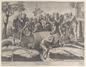 Marcus Atilius Regulus v sudu, zatímco dva muži zatloukají hřebíky, různé fi..., 1555-77.