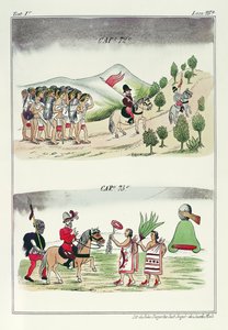 Čepice 72 a čepice 73, ilustrace z „Historia de las Indias de Nueva Espana y Islas de tierra firme“, s deskami Jules Desportes, Mexiko, 1867-80 od Diego Duran