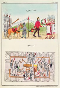 Čepice 74 a čepice 75, ilustrace z „Historia de las Indias de Nueva Espana y Islas de tierra firme“, s deskami Jules Desportes, Mexiko, 1867-80 od Diego Duran