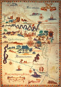 Přidejte 5415A f.23v-24 Atlas od Diega Homema z Jižní Ameriky, ukazující indiány v jejich osadách, tábor španělských expedičních sil a muže v brnění, kolem roku 1558