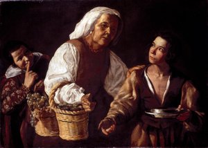 Dva chlapci a stará ovocná žena aneb Prodavač starého ovoce. Obraz Diega Rodrigueze od Silvy Velazquez (Velasquez od Diego Rodriguez de Silva y (attr. to) Velazquez