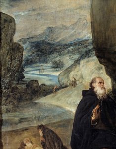 Svatý Antonín a svatý Pavel poustevník. Detail zobrazující svatého Antonína Velikého (nebo svatého Antonína poustevníka nebo svatého Antonína Abbe) a krajinu. Obraz Diega Rodrigueze de Silva y Velasquez (1599-1660), kolem roku 1635. Olej na plátně. Rozměr: od Diego Velázquez