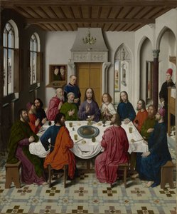 Sbírání many a Pascha (recto vlevo), Poslední večeře (uprostřed), Setkání Abraháma s Melchisedechem a Eliáš probuzený andělem (1 Kr 19,5-6) (recto vpravo). od Dieric Bouts