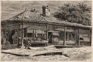 Řeznictví a pekárna v Bukurešti (Rumunsko). Rytina k ilustraci cesty z Paříže do Bukurešti od Lancelota, designéra, v roce 1860 v „Le tour du monde, nouveau journal des voyages“, vydaném pod vedením Edouarda Chartona