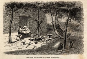 Cikánská kovárna v regionu Walachia, Rumunsko. Rytina k ilustraci plavby z Paříže do Bukurešti od Lancelota, kreslíře, v roce 1860, publikovaná v „Le tour du monde, nouveau journal des voyages“, pod vedením Edouarda Chartona od Dieudonne Auguste Lancelot
