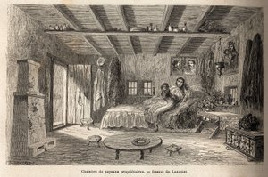 Dům majitelů rolníků v blízkosti Orezu (oblast Valašsko, Rumunsko). Rytina k ilustraci plavby z Paříže do Bukurešti od Lancelota, kreslíře, v roce 1860, publikovaná v „Le tour du monde, nouveau journal des voyages“, pod vedením o od Dieudonne Auguste Lancelot