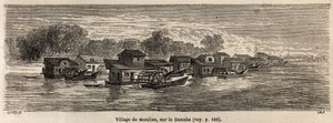 Vesnice mlýnů na Dunaji, kresba Lancelota, pro ilustraci cesty Victora Duruye z Paříže do Bukurešti v roce 1860. Rytina „“Le tour du monde“, editoval Edouard Charton od Dieudonne Auguste Lancelot