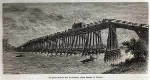 Dřevěný most přes Dunaj mezi Pasovem a Vídní, kresba Lancelota, k ilustraci cesty Victora Duruye z Paříže do Bukurešti v roce 1860. Rytina „“Le tour du monde“, editoval Edouard Charton od Dieudonne Auguste Lancelot