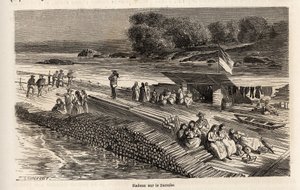 Dřevěný vor na Dunaji pro přepravu zboží a osob, kresba Lancelota, k ilustraci cesty Victora Duruye z Paříže do Bukurešti v roce 1860. Rytina „“Le tour du monde““, editoval Edouard Charton