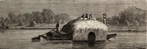 Řezání, sklizeň a přeprava krmiva na březích Dunaje. Kresba Lancelota pro ilustraci jeho cesty z Paříže do Bukurešti v roce 1860. Rytina „“ Le tour du monde“, editoval Edouard Charton