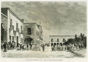Městský palác Valladolid. Rytina od Lancelota k ilustraci příběhu Má poslední výprava na Yucatan, od Desire Charnay, v le tour du monde 1887, režie Edouard Charton (1807-1890), Hachette, Paříž.