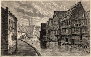Staré koželužny v Ulmu, kresba Lancelot, pro ilustraci cesty Victora Duruye z Paříže do Bukurešti v roce 1860. Rytina v „“Le tour du monde“, editoval Edouard Charton od Dieudonne Auguste Lancelot
