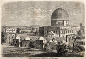 Omarova mešita, postavená v roce 691 v Jeruzalémě, kresba Lancelota, pro ilustraci cesty pana Bidy do Palestiny v roce 1856. Rytina v „“ Le tour du monde, nouveau journal des voyages““ Paříž