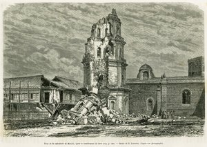 Věž Cathedrale of Manila, po zemětřesení 18. července 1880. Rytina Lancelota k ilustraci příběhu Lucon a Palaouan, šest let na Filipínách, Alfred Marche