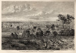 Pohled na Melbourne (Austrálie), kresba Lancelot, pro ilustraci vzpomínek francouzského squattera v Austrálii, v letech 1854-1859, od M. de Castella. Rytina v “”Le tour du monde”” 1861. Selva sbírka.