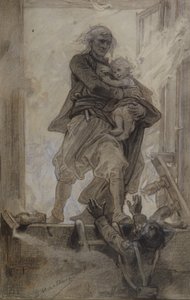 Markýz z Lantenacu zachraňující dítě, ilustrace z Quatre-vingt-treize od Victora Huga (1802-85) (tužka, pastelka a kvaš na papíře)