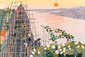 Muži při východu slunce, Indie, 2020 (koláž) od Dione Verulam