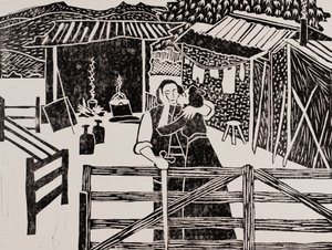 Siegfried a Sieglinda, Hundingova chata, Wagnerův Prstenový cyklus, 2024 (linoryt) od Dione Verulam