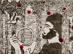 Siegfried, lesní ptáci a dračí krev, Wagnerův Prstenový cyklus, 2024 (dřevoryt) od Dione Verulam