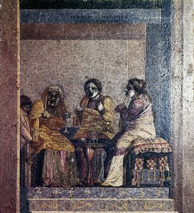 Římská mozaika scény ze hry s maskovanými herci, Villa of Cicero, Pompeje, c2. století před naším letopočtem od Dioscurides of Samos