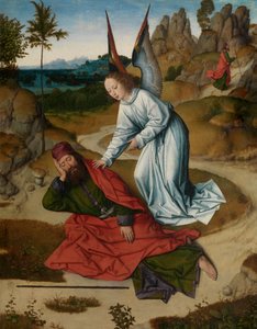 Eliáš v poušti, detail z oltářního obrazu Nejsvětější svátosti, kolem 1464-68 (olej na desce) od Dirck Bouts