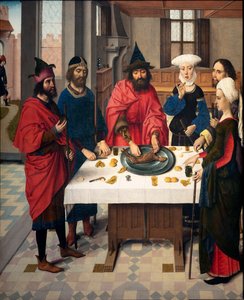 Farní kostel (Parochiekerk Sint-Pieter). Malování. Poslední večeře. Dirk Bouts. 1464-1468. Detail. Levý panel. od Dirck Bouts