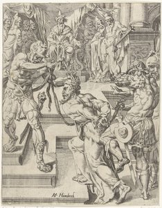 Kristus před Kaifášem Pád lidstva a vykoupení skrze život a umučení Krista (název série) od Dirck Volckertsz. Coornhert (attributed to)